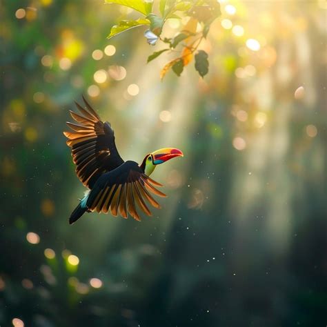 Premium AI Image | Dynamic spectacle of a keelbilled toucan in flight