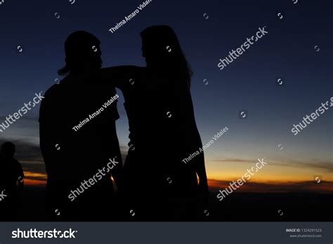 Silhouettes People Talking Outdoors Sunset Background Stock Photo ...