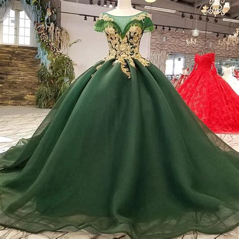 Dark Green Wedding Dresses 2018 Beaded Gold Lace Tulle Lace Up Princess Elegant Formal Gowns ...