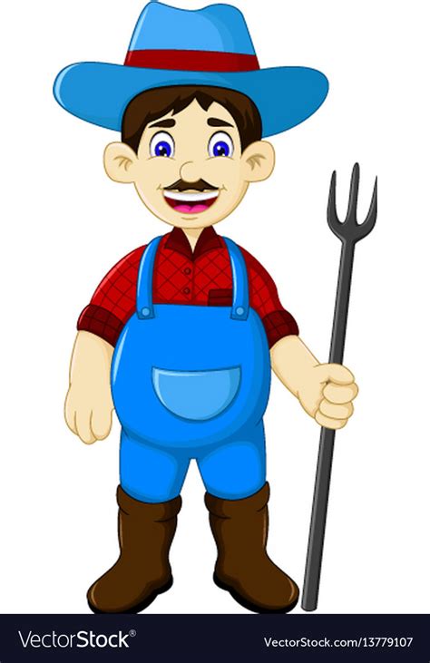 Funny male farmer cartoon holding rake Royalty Free Vector