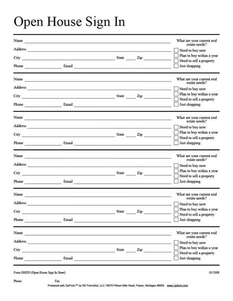 Open House Sign in Sheet for Real Estate Agents