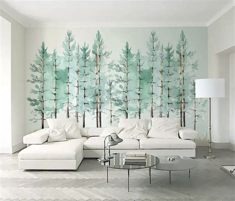 Mint Green Forest Trees Wallpaper Mural | Tree wallpaper mural, Jungle ...