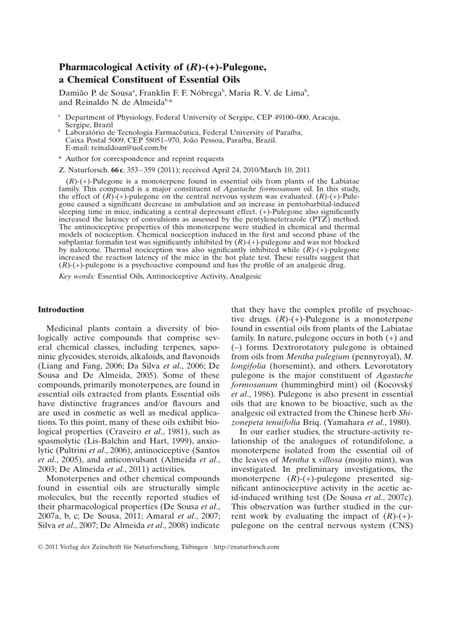 (PDF) Pharmacological Activity of (R)-(+)-Pulegone, a Chemical ...