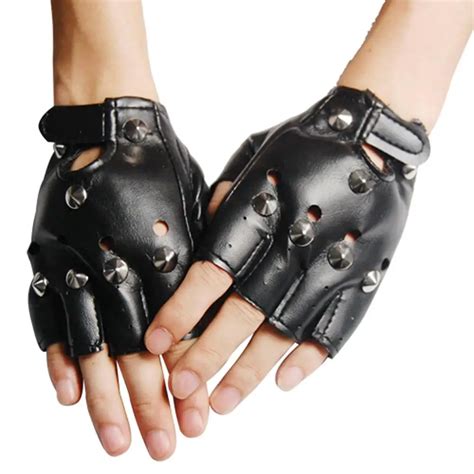 HOT Unisex Cool BLACK Punk Rock Studded LEATHER LOOK FINGERLESS GLOVES ...