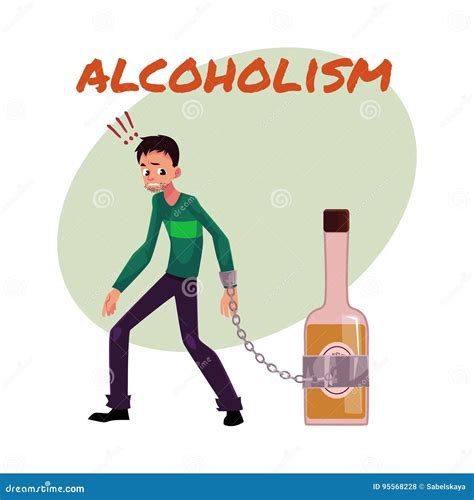 Unshaven Man with Hand Chained To Liquor Bottle. Alcohol Dependence Stock Vector - Illustration ...