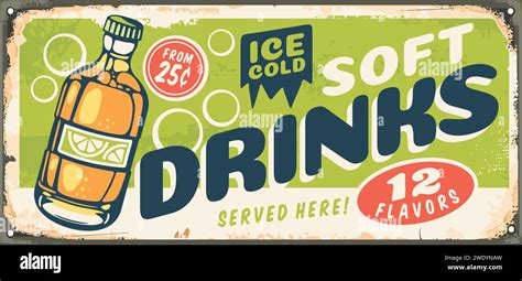 Ice cold soft drinks bottle retro sign design. Vintage signage for ...