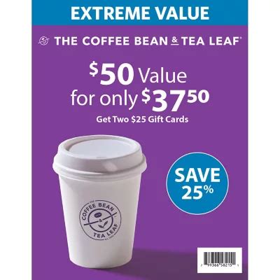 Coffee Bean and Tea $50 Value Gift Cards - 2 x $25 - Sam's Club