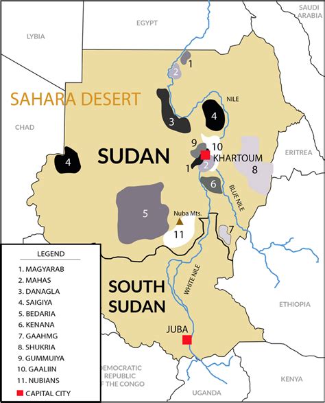 Sudan and South Sudan map (split in 2011). Sudanese tribes included in ...