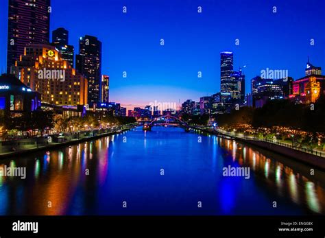 Night view over Yarra River and City Skyscrapers in Melbourne ...