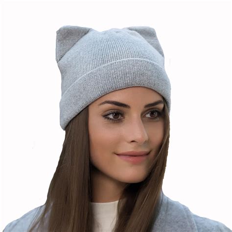 Solid Women Autumn Winter Knitted Hats Cute Kitty Beanie Hat For Women ...