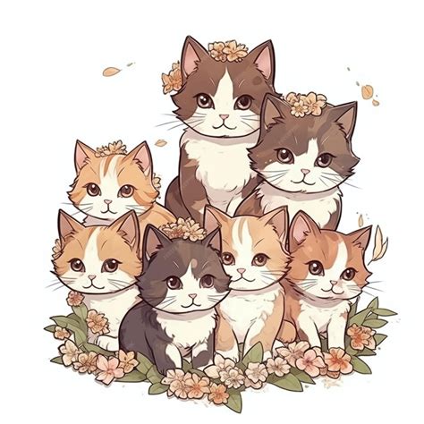 Premium Photo | A drawing of cats in flowers.