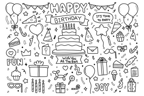 Hand drawn happy birthday party doodle elements 1227782 Vector Art at Vecteezy