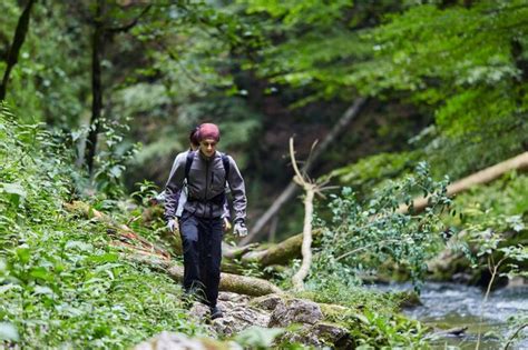 Premium Photo | Group of people hiking on a trail in the mountain forest