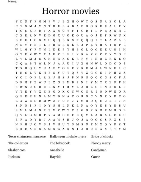 Horror movies Word Search - WordMint