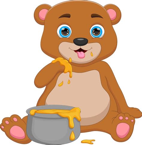 Premium Vector | Cartoon cute bear eating honey