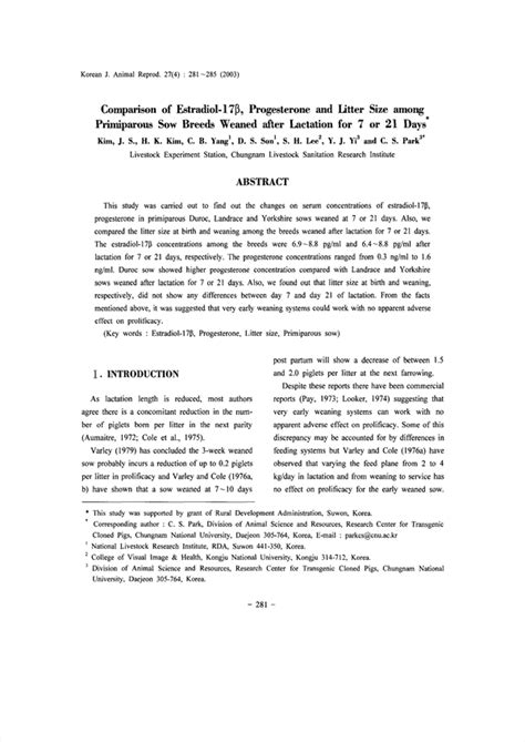 Comparison of Estradiol-17β, Progesterone and litter Size among Primiparous Sow Breeds Weaned ...