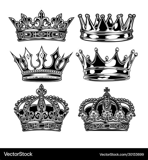 Crown king and queen set black white Royalty Free Vector