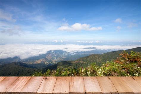 Wood table top on view mountain and blue sky 11041827 Stock Photo at ...