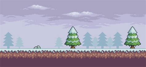 Pixel art game scene in snow with pine trees, clouds and stone 8 bit ...