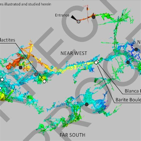 Map of Lechuguilla Cave, colored by depth (red = shallow, blue = deep),... | Download Scientific ...