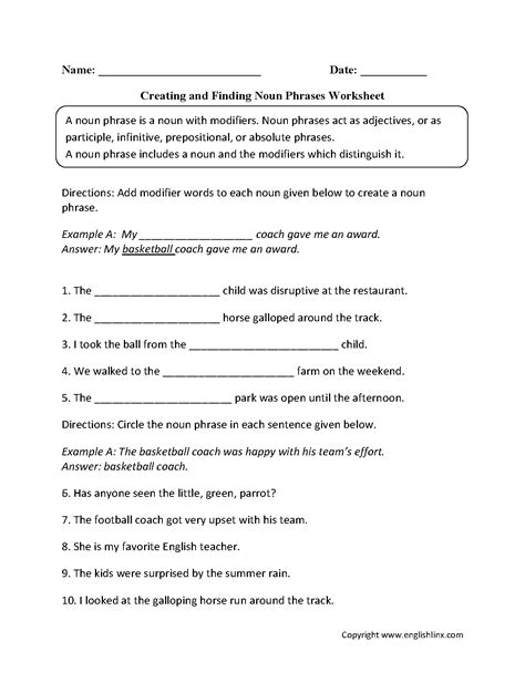 Nouns Worksheets | Noun Phrases Worksheets