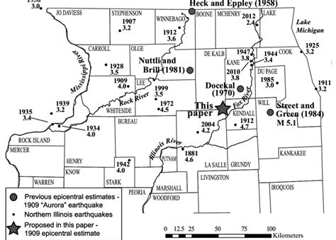 Index map of northern Illinois earthquakes with year and magnitude ...