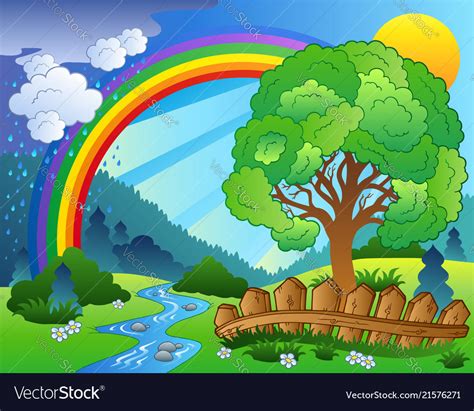 Landscape with rainbow and tree Royalty Free Vector Image