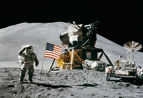 Image from Apollo 15: Lunar Module, flag, rover, and Astronaut James B ...