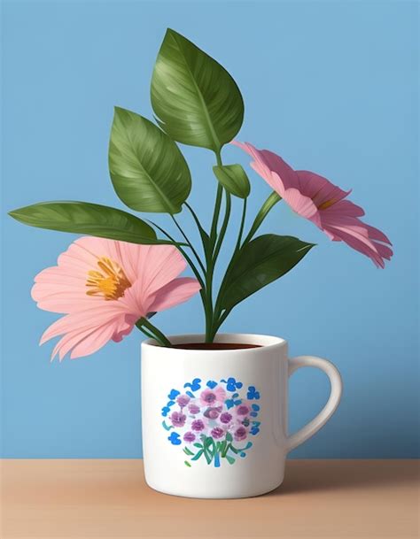 Premium AI Image | A set of painting flower coffee mug on blue ...