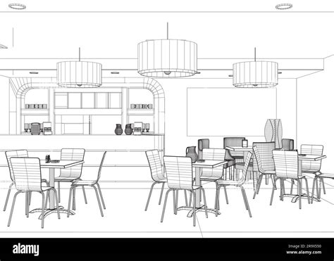 Modern Restaurant. Wireframe of furnished interior of fancy restaurant or bistro hand drawn with ...