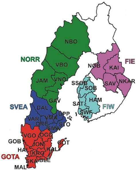 A map of the studied provinces and regions of Sweden and Finland. Full ...