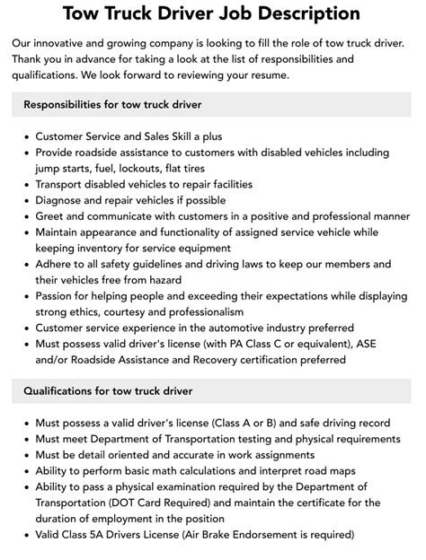 Tow Truck Driver Job Description | Velvet Jobs