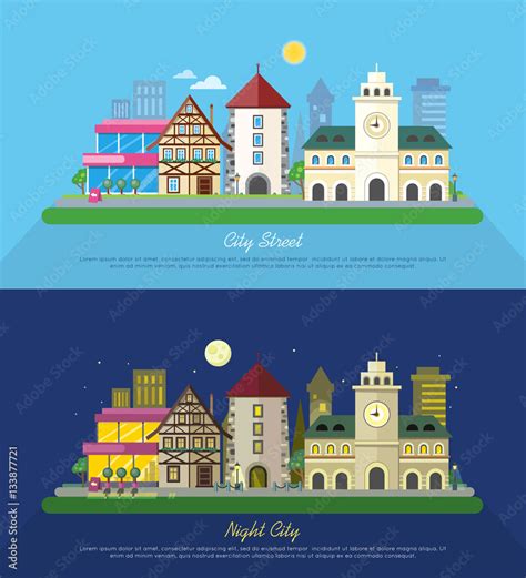 City Street Vector Illustration at Day and Night Stock Vector | Adobe Stock