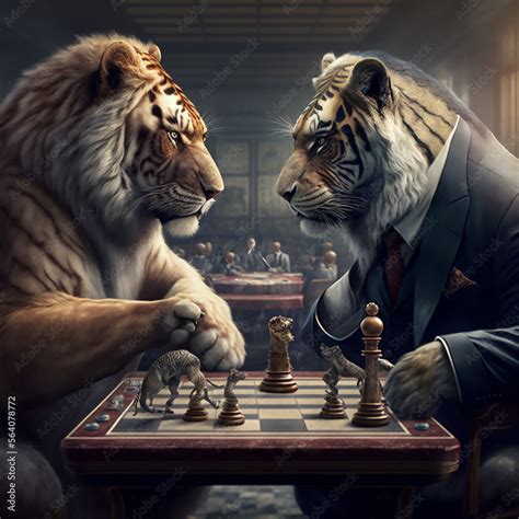 Lion and tiger in suit playing chess ultrarealistic, very detailed. created by AI Stock ...