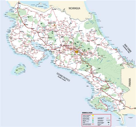 Large road map of Costa Rica with cities, national parks and airports ...