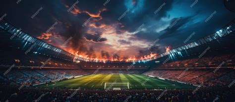 Premium AI Image | Football or soccer stadium at night with bright ...