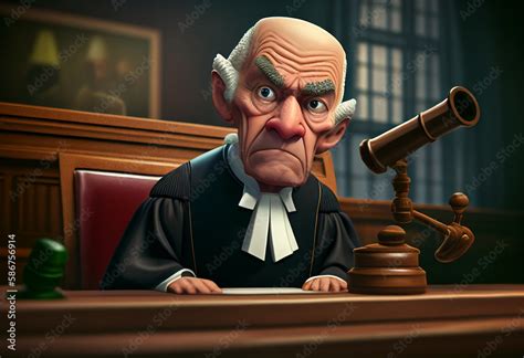 Cartoon character judge with a judge gavel in courtroom. Angry cartoon ...