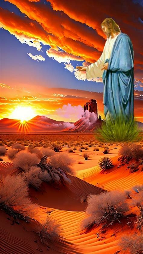 a painting of jesus in the desert at sunset