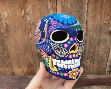 Vintage 4 tall hand-painted ceramic skull sculpture, Mexican folk art ...