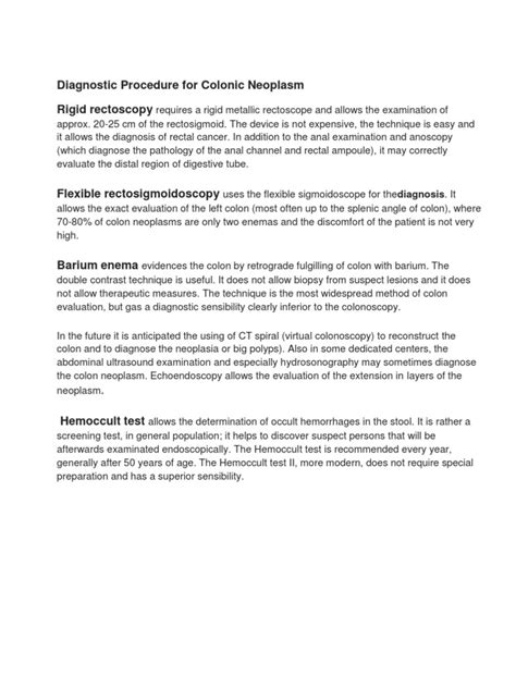 Diagnostic Procedure For Colonic Neoplasm Rigid Rectoscopy: - Hemoccult ...