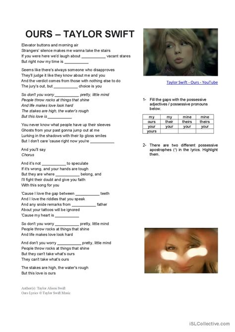 Ours - Taylor Swift: English ESL worksheets pdf & doc