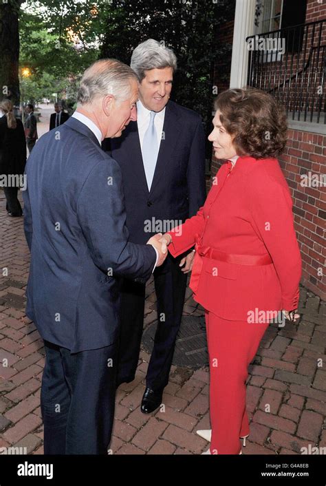 The Prince of Wales shakes hands with Teresa Heinz the wife of US Senator John Kerry, outside ...