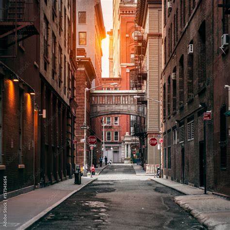 New York City street at sunset time. Old scenic street in TriBeCa ...