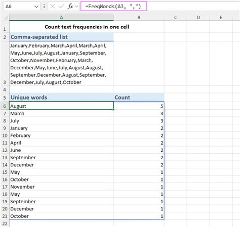 Excel word frequency analysis with custom function