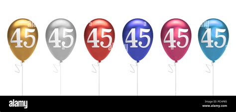 Number 45 birthday balloons collection gold, silver, red, blue, pink. 3D Rendering Stock Photo ...