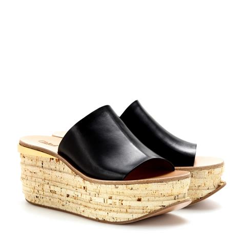 Lyst - Chloé Camille Leather Cork Wedge Mules in Black