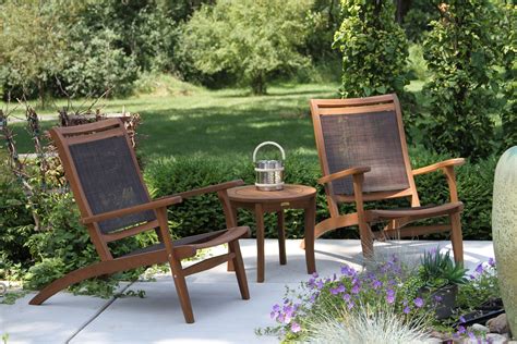 Dark Brown Sling & Eucalyptus Loungers & Round End Table | Sleek outdoor furniture, Lounge ...