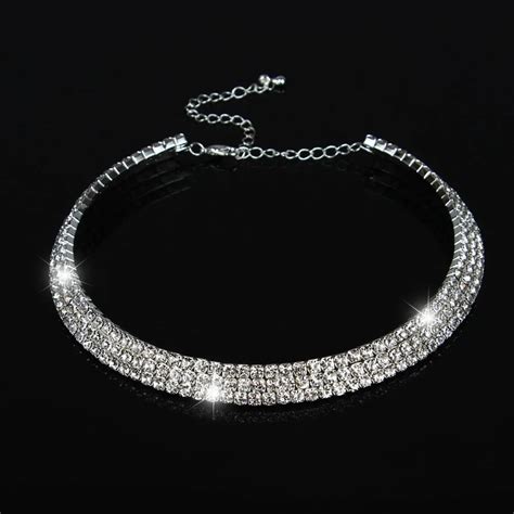 TREAZY Crystal Diamante 3 Row Rhinestone Choker Chain Necklace Women ...