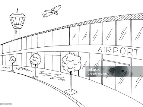 Airport Graphic Black White Exterior Sketch Illustration Vector Stock ...