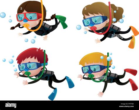 Four kids scuba diving underwater illustration Stock Vector Image & Art ...